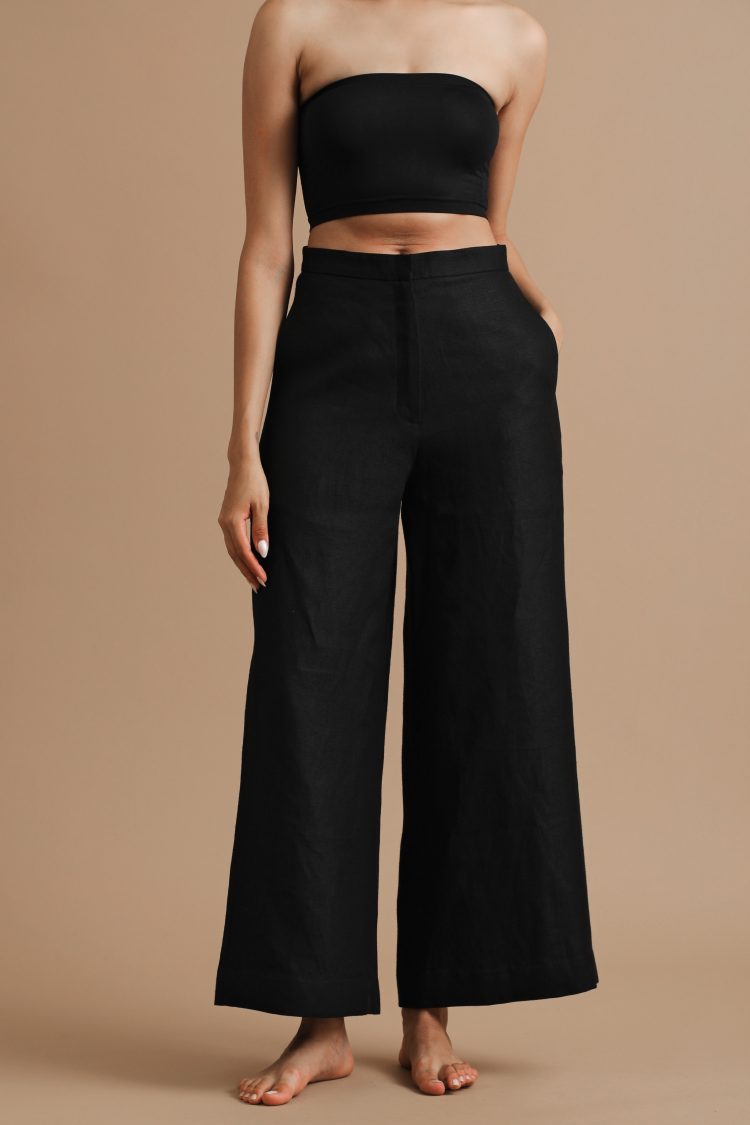 Black Linen Flared Pants By Turn Black - Rainy Day