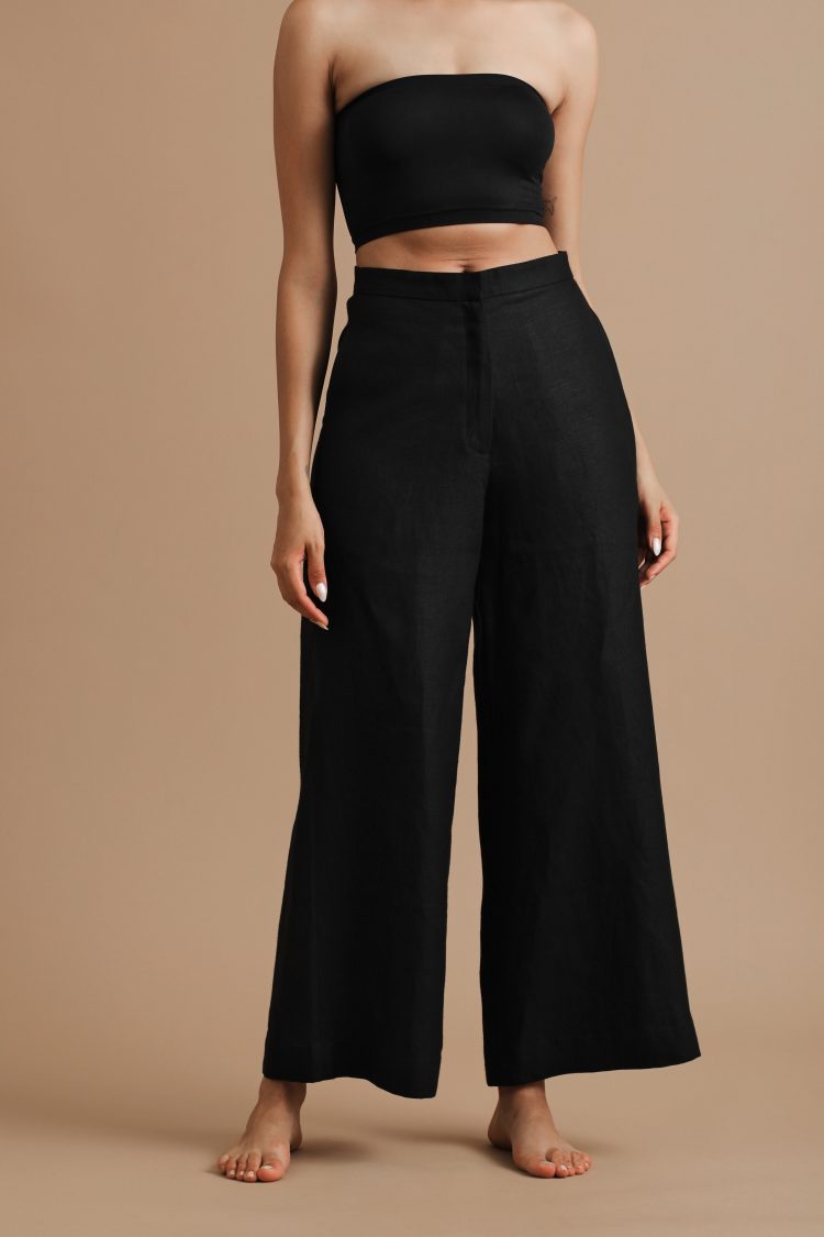 Black Linen Flared Pants By Turn Black Rainy Day