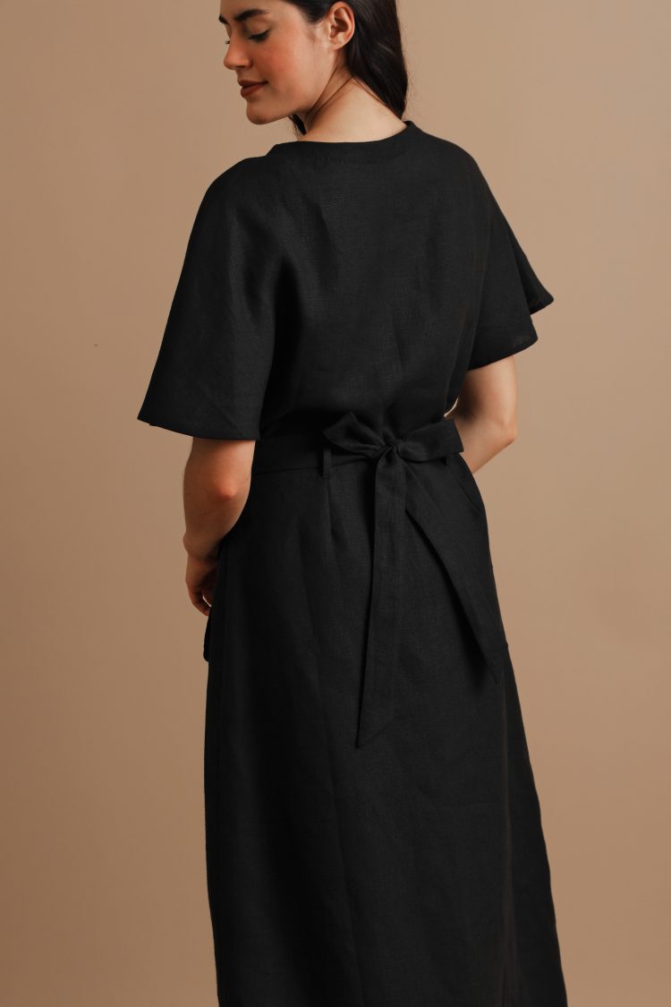 Black Kimono Sleeved Linen Dress By Turn Black - Veiled Wallfower
