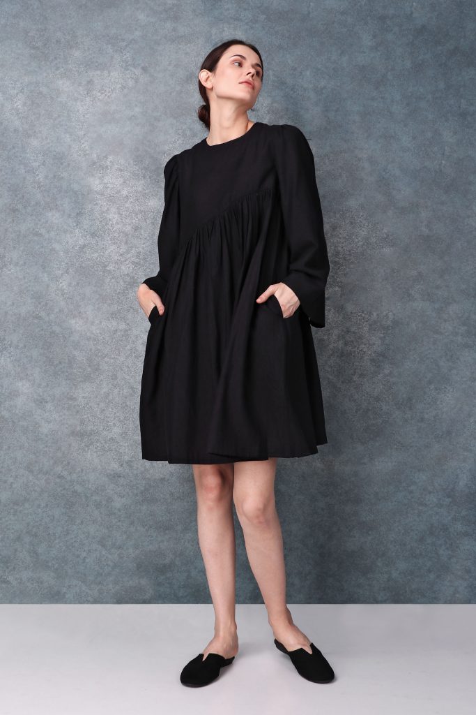 Black Linen Round Neck Dress By Turn Black - Reborn in Black
