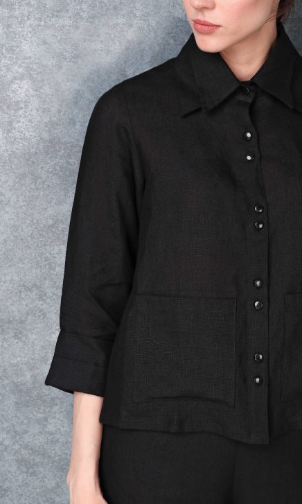 Linen Sleeved Buttoned Down Black Shirt