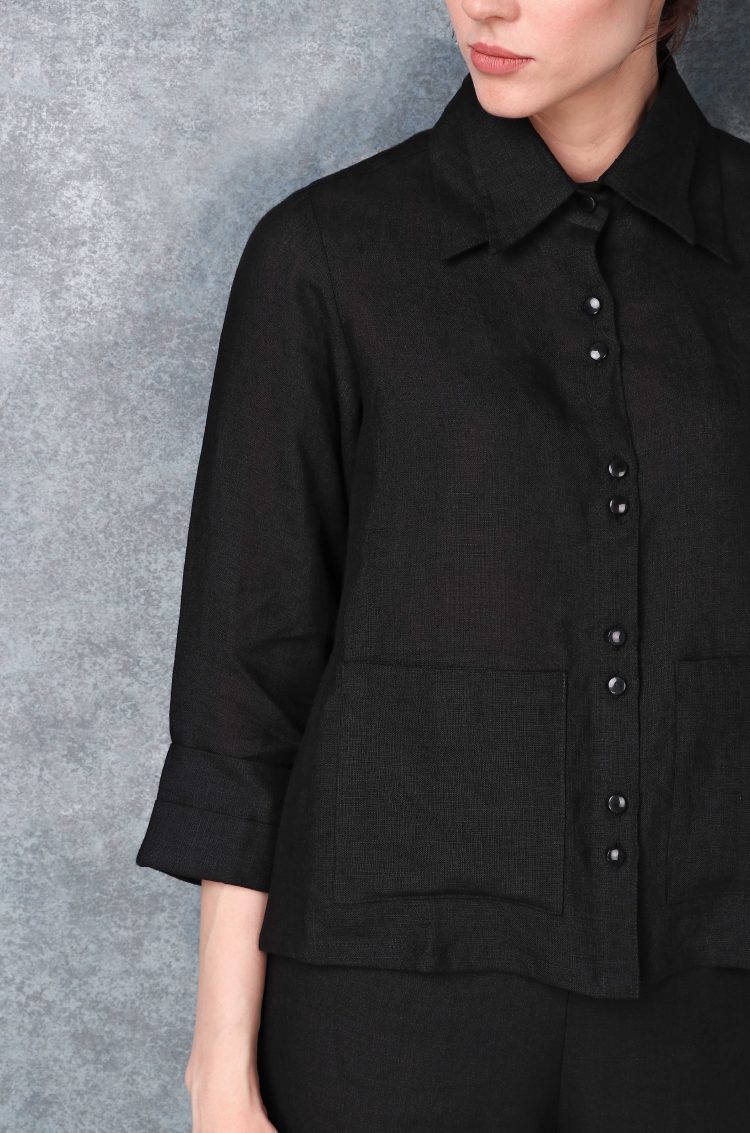 Linen Sleeved Buttoned Down Black Shirt