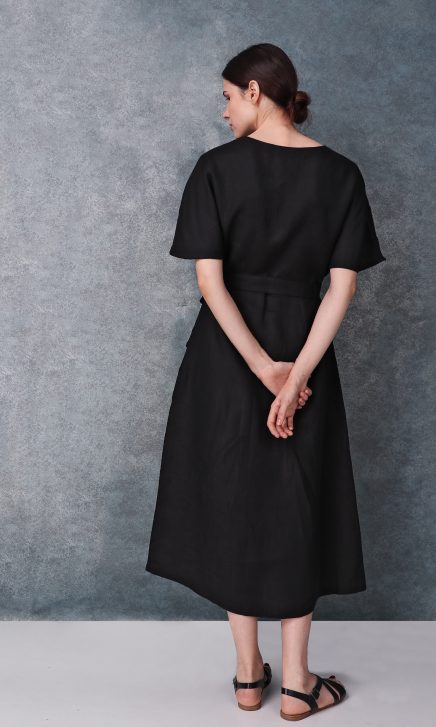 Black Kimono Sleeved Linen Dress