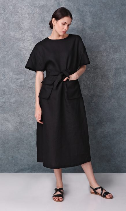 Black Kimono Sleeved Linen Dress