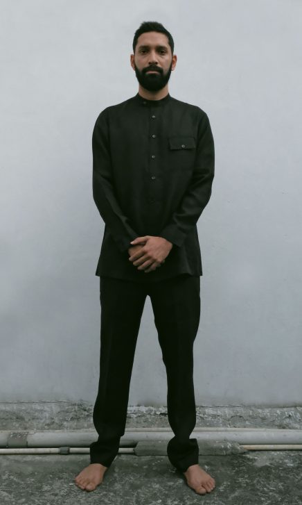 collared black linen shirt