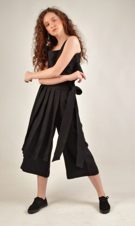 Skirt Detailed Black Linen Pants