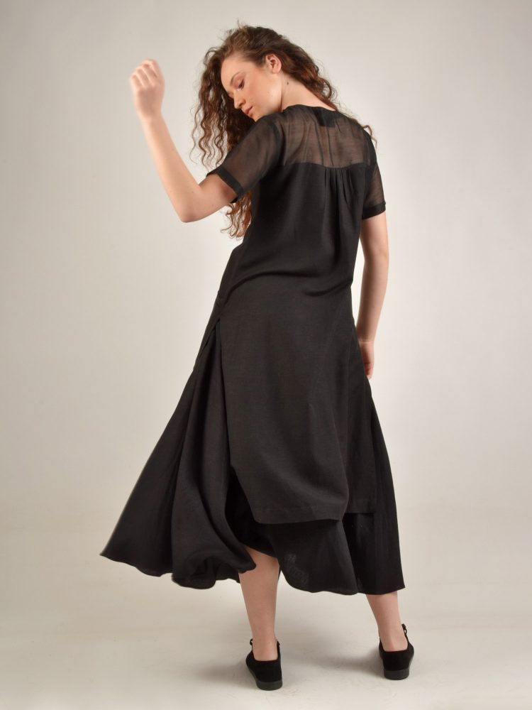 Long Double Slit Black Cotton Linen Tunic by Turn Black - Tête-à-tête