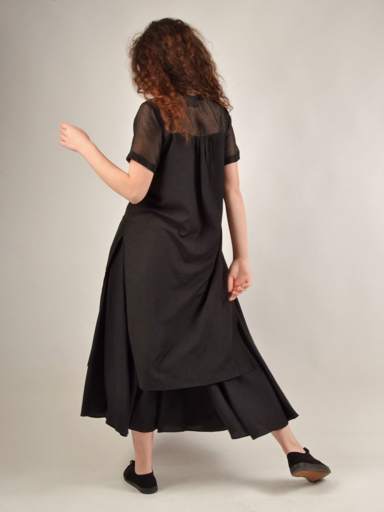 Long Double Slit Black Cotton Linen Tunic by Turn Black - Tête-à-tête