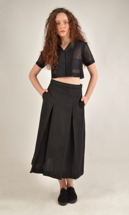 Calf Length Box Pleated Black Linen Skirt