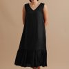 Primavera Black Gathered V-neck Dress