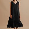 Primavera Black Gathered V-neck Dress