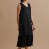 Primavera Black Gathered V-neck Dress