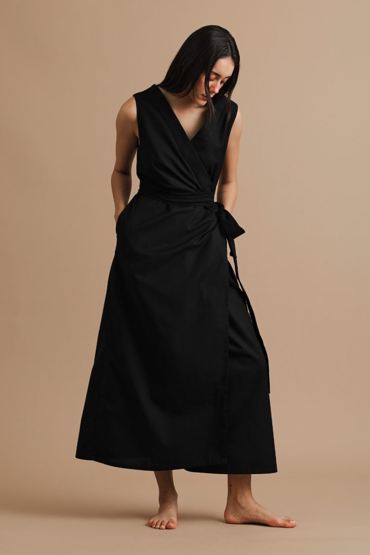 Sakura Black Sleeveless wrap dress