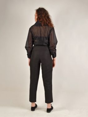 Pleated Narrow Black Linen Pants by Turn Black - La Sera