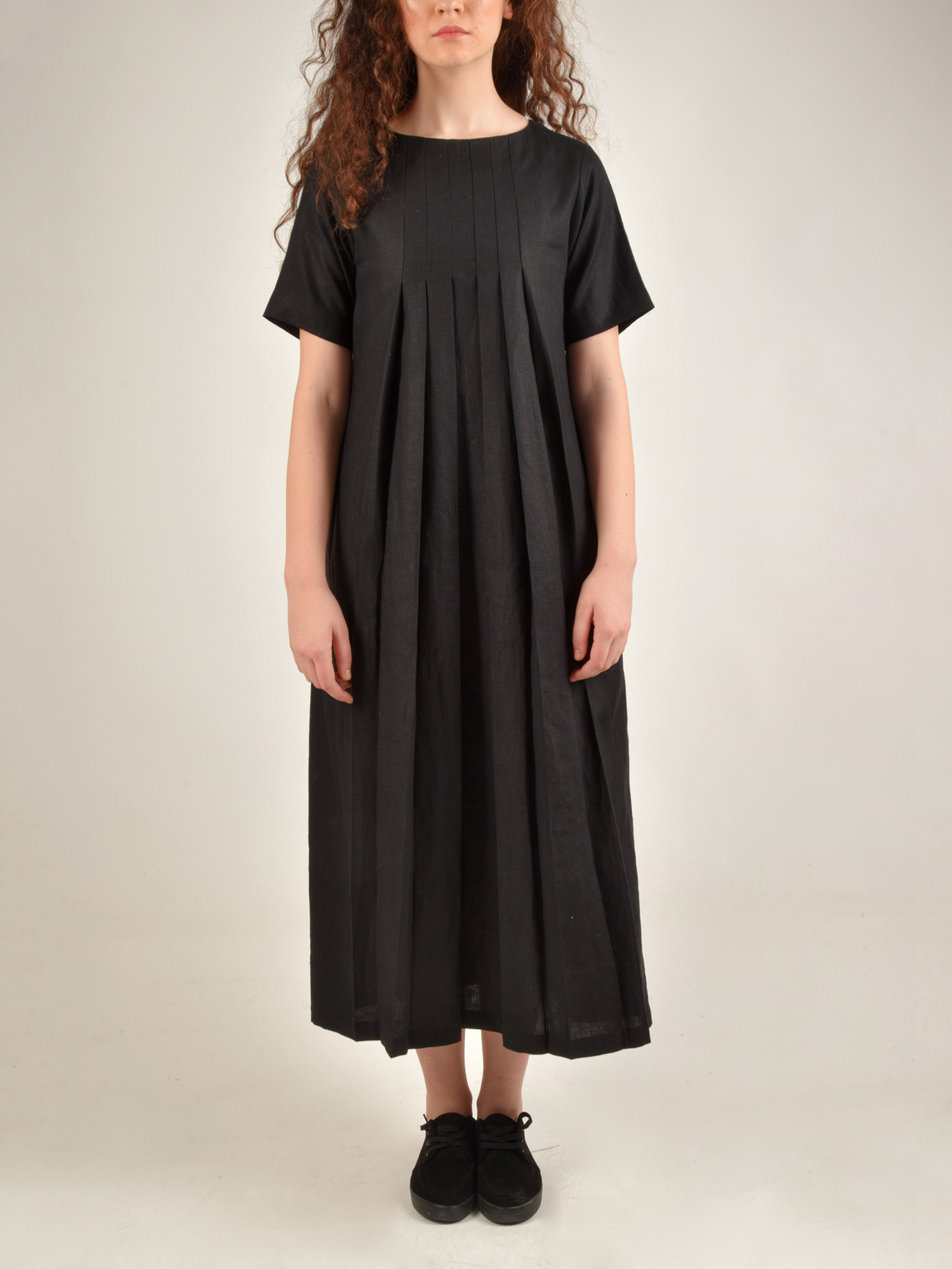 Linen Front Pleated Black Dress by Turn Black - Mad Woman