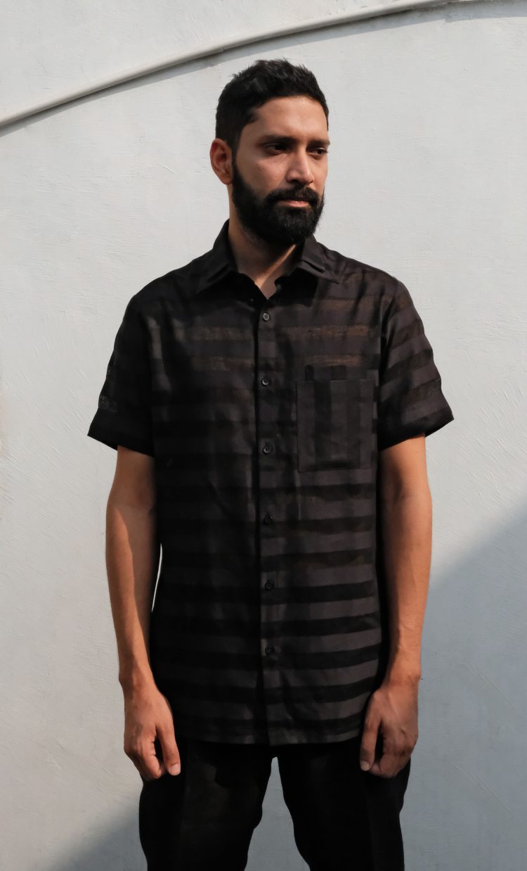 Black Linen Shirt With Stripes And Double Collars By Turn Black - Jigsaw
